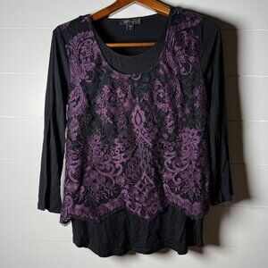 Karen Kane Eggplant & Black Lace Overlay Blouse Elegant Top Sz Medium